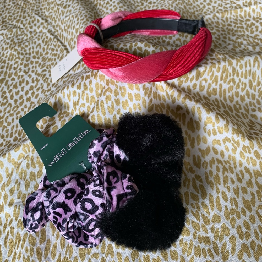 Pink Headband Faux Fur Animal Print Scrunchie Set